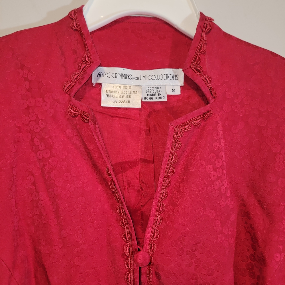 Vintage Silk Skirt Suit Anne Crimmins Hong Kong Red Jacquard Set 8 - Picture 7 of 15